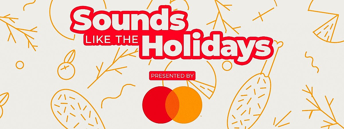 “Sounds Like the Holidays” podcast logo followed by the wording “presented by” and Mastercard’s logo on a yellowish background with food sketches.