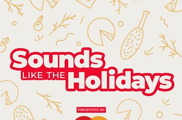 “Sounds Like the Holidays” podcast logo followed by the wording “presented by” and Mastercard’s logo on a yellowish background with food sketches.