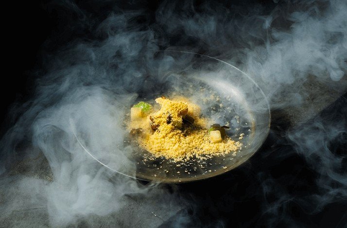 A unique meal served in a black plate