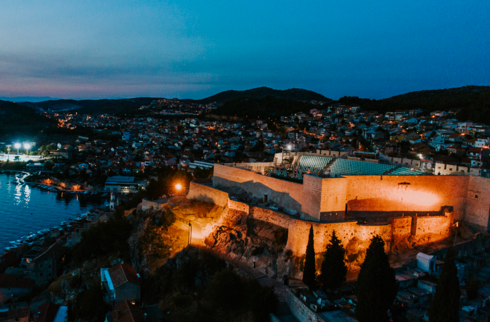 A view of the  St. Michael's Fortress in Šibenik, Croatia, illuminated at night..