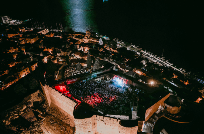 Aaerial view of the  St. Michael's Fortress in Šibenik, Croatia, illuminated at night..