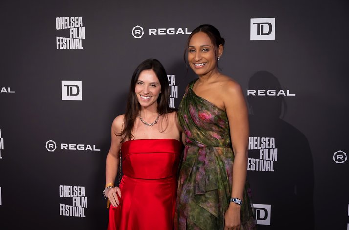 Filmmaker Alison Camba and festival co-founder Ingrid Jean-Baptiste posing on the red carpet at the Chelsea Film Festival.