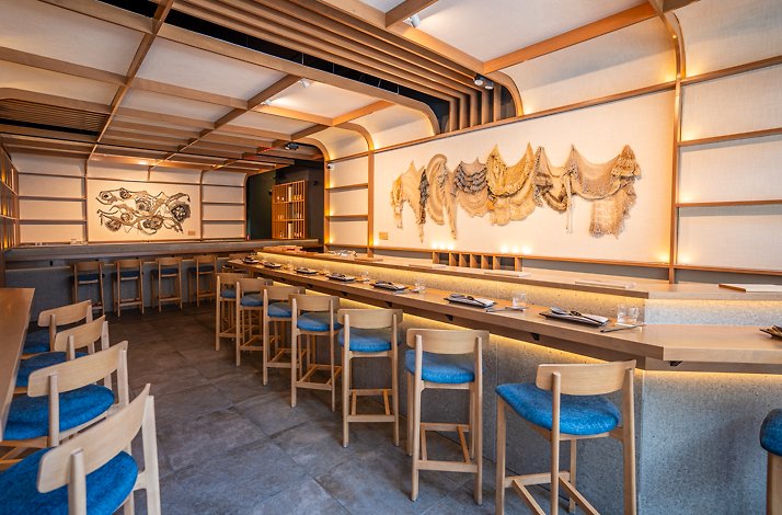 Cozy open-kitchen counter with seats for for a Nikkei-style dinner at Akiro.