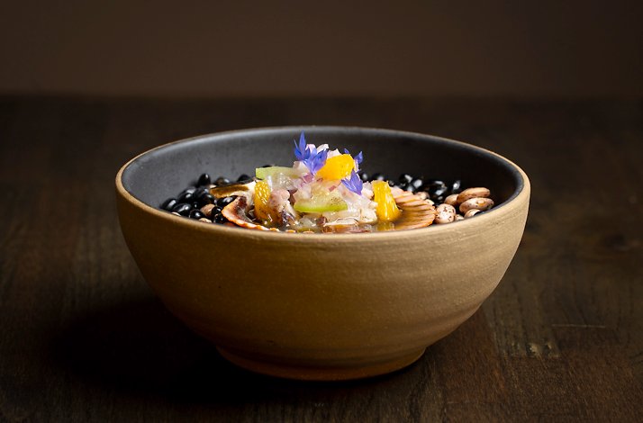 Artfully plated ceviche in a matte ceramic bowl with black beans, citrus, shallots, and a blue cornflower garnish at Matilda.