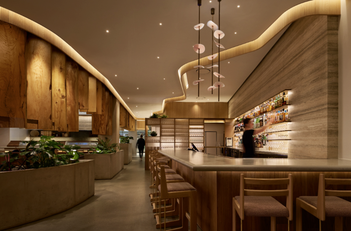 The bar sitting area of the venue Uchi West Hollywood.