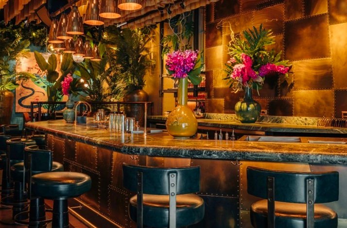 The interior of Crying Tiger, featuring its luxurious drink bar.