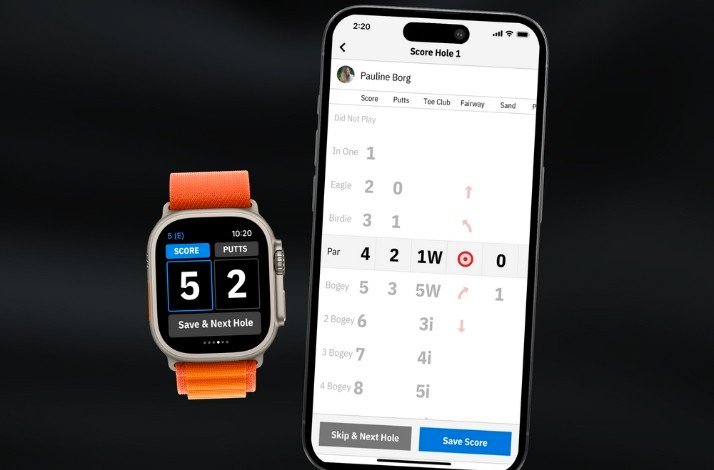 Golfshot UI on smartphone and smartwatch, showcasing function to upload your score on the app.