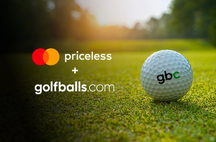 A golf ball with the gbc logo and Mastercard golfballs.com logos