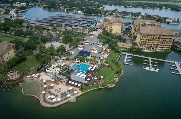 Aerial view of Horseshoe Bay Resort on Lake LBJ, Texas Hill Country.