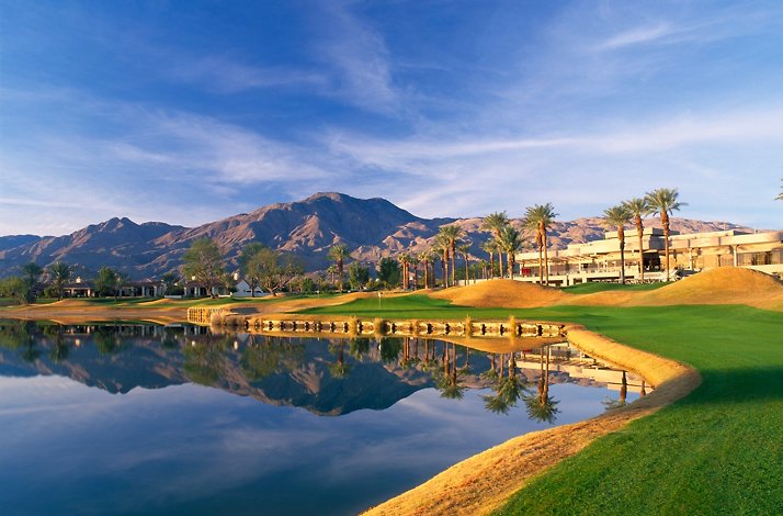 A view of the PGA West Nicklaus Tournament Course in La Quinta, California, featuring its signature water hazards and desert mountain backdrop.