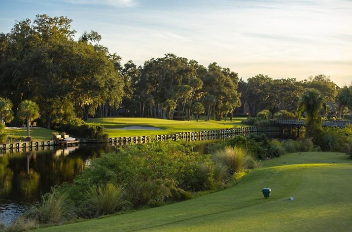 Scenic Palmetto Dunes golf hole with water, bridge, and lush trees.