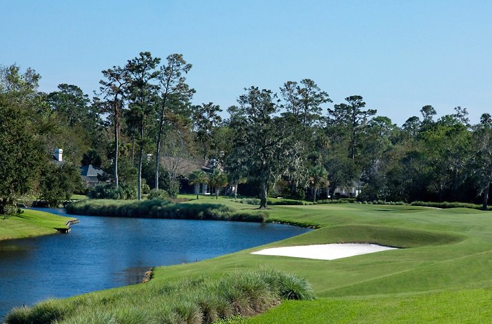 The 14th hole at the Dye's Valley Course at TPC Sawgrass, featuring a signature water carry to the green.