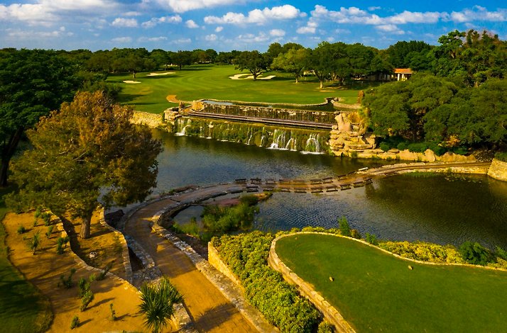 Slick Rock golf course with waterfall at Horseshoe Bay Resort, Texas.