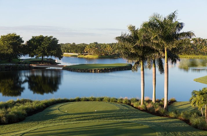 This image shows the 18th hole of the Blue Monster Course at Trump National Doral Miami, famous for its water hazard along the left side.