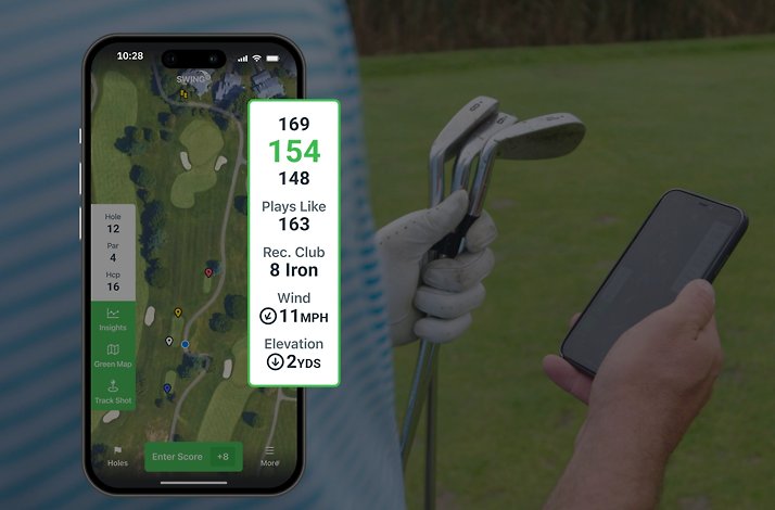 A golfer using the SwingU Pro app to get insights on his game.