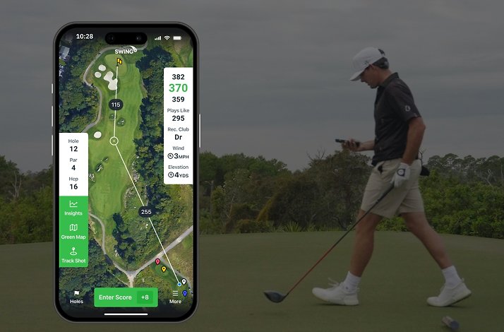 A golfer using the SwingU Pro app to get insights on his game.