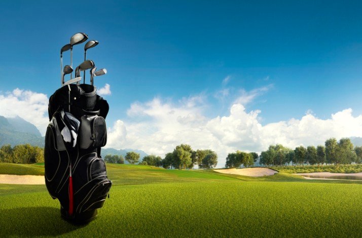 A bag full of golf clubs put on a grass