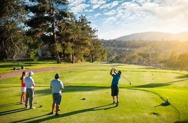 Four people golfing on a public course on a sunny day