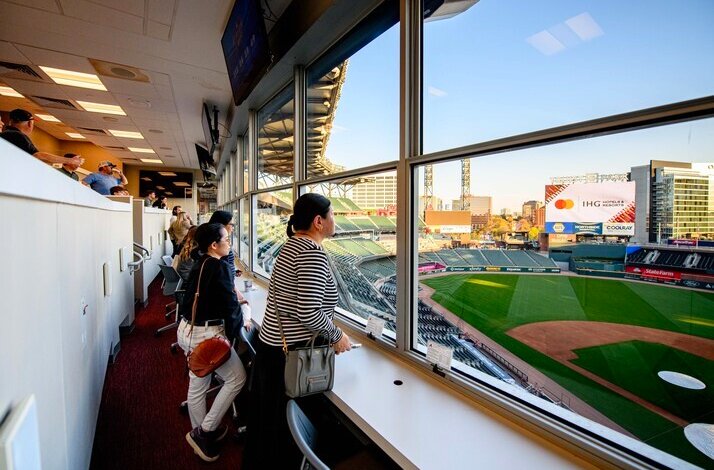 View of Truist Park field from an indoor observation area.