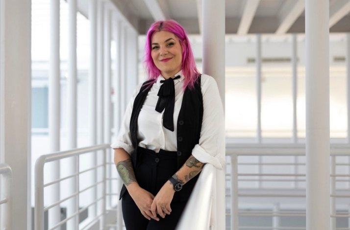 Art historian Sara Rubayo smiles as she is photographed