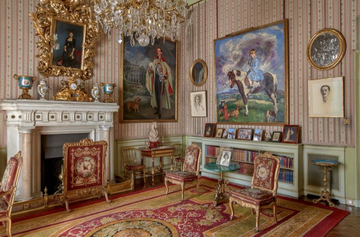 A room in Palacio de Liria filled with antique furniture, detailed decorations, surrounded by framed pictures and bookshelves