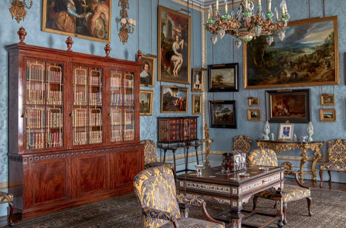 An elegant room in Palacio de Liria filled with antique furniture, detailed decorations, surrounded by framed pictures and bookshelves