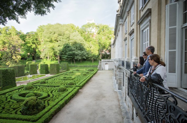 Scenic view of meticulously designed gardens from the Palacio de Liria's terrace