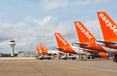easyJet airplanes lined up in the airport.