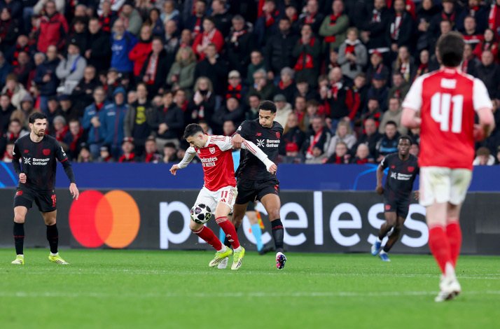 A match scene of Bayer 04 Leverkusen versus Arsenal FC during UEFA Champions league round 16 first leg.