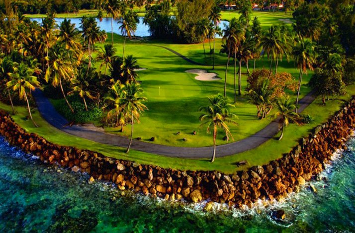A rocky seashore of TPC® Dorado Beach luxury golf resort with its green lawns and water pools under palm trees.
