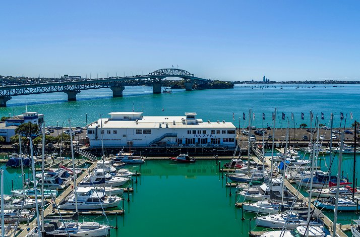 Aerial view on West Haven Marina and Auckland Harbor bridge in Auckland