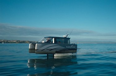 The world's first electric hydrofoil ferry, the Kermadec, ready for Auckland's coast cruise.
