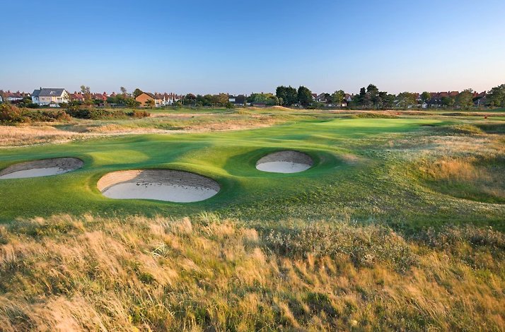 Royal Lytham & St Annes Golf Club green with bunkers.