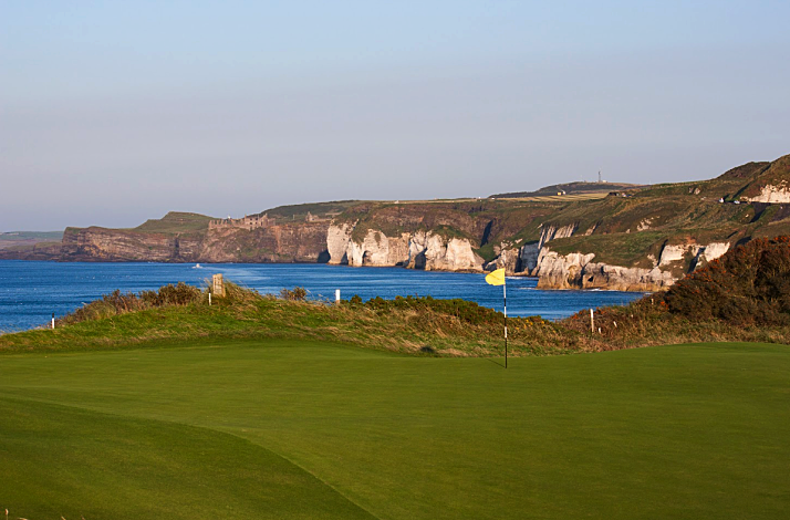 View at the cliffed coastline of Royal Portrush Golf Club.