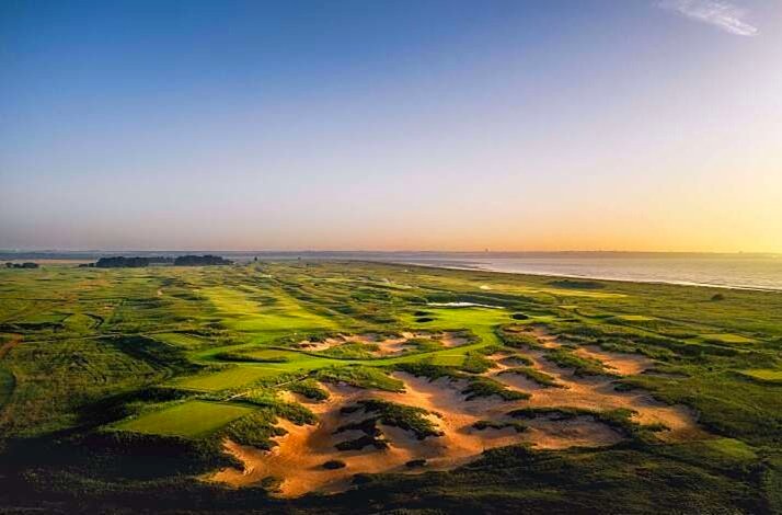Royal St George's golf course overlooking the North Sea during sunrise, United Kingdom.