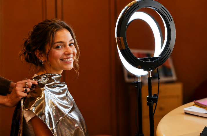 A woman in front of the lamp, participating in colour analysis workshop at Galeries Lafayette Haussmann