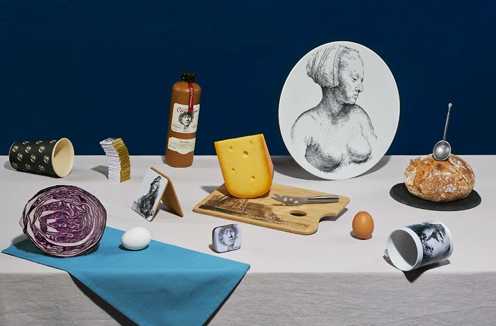 The themed unique items displayed alongside each other on the black background from the Rembrandt House Museum's online shop.