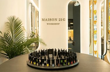 Perfumes on the table at Maison 21G's atelier at Marina Bay Sands.