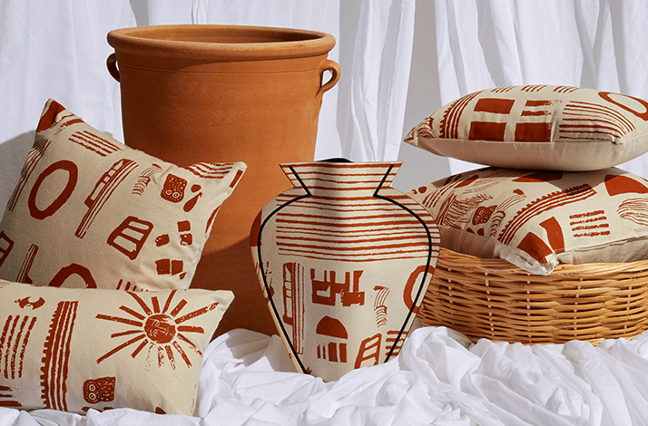Handcrafted items with Athens-inspired pattern on a repurposed surface