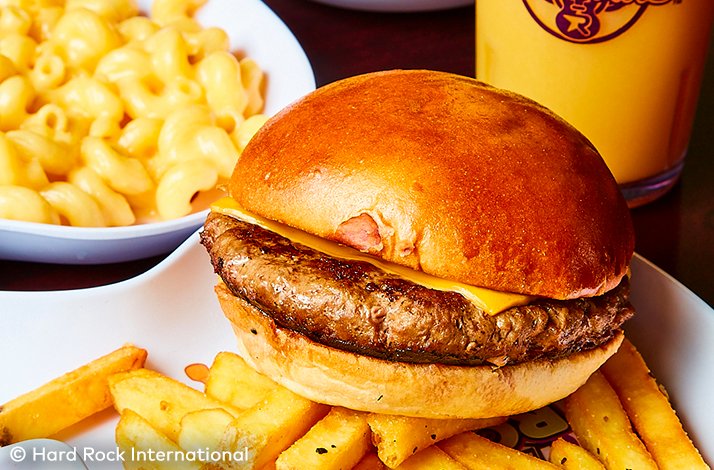 Close-up of burger and fries served at Hard Rock Cafe. © Hard Rock International. 