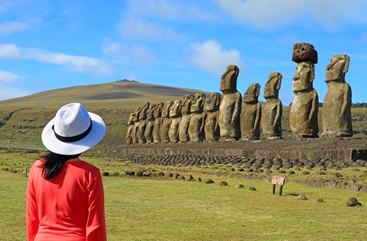 Female visiting fifteen Moai statues of Ahu Tongariki on Easter Island Chile.