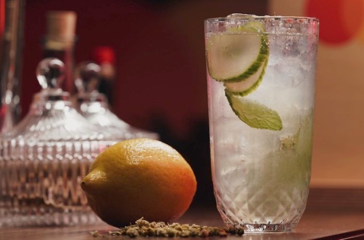 A Garden Fizz cocktail in a glass, presented on a table with a lime.