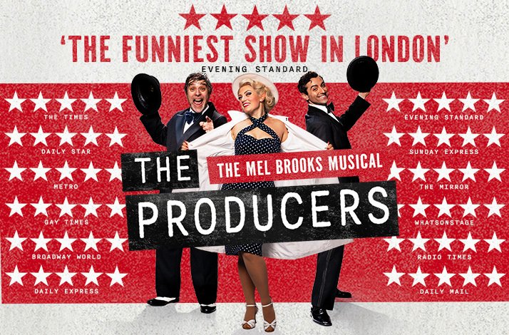 Three actors on the poster of the play 'The Producers' with five stars ratings displayed around the actors.