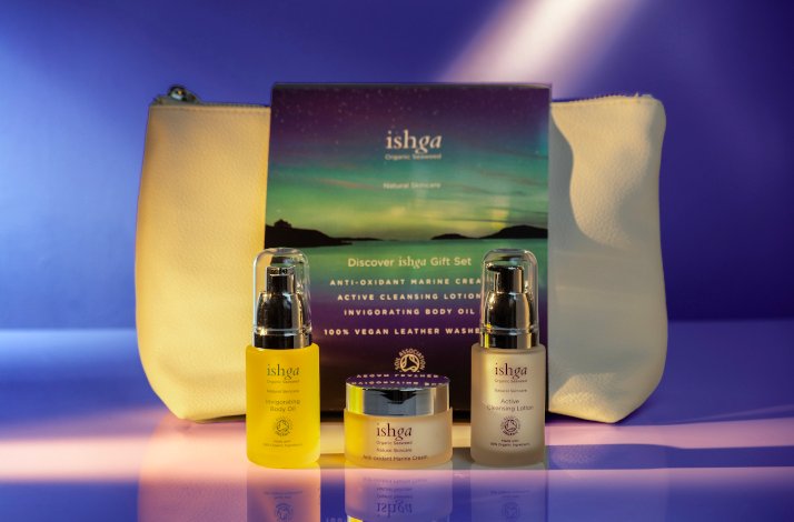 ishga skin care products and a leather bag