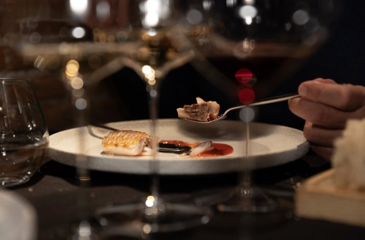 A dimly lit restaurant scene with a focus on a white plate of gourmet fish and sauce. 