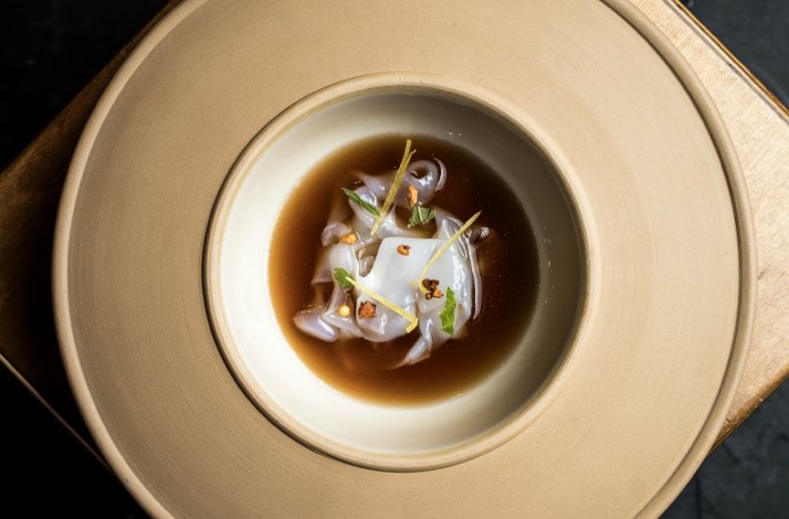 The close shot of a freshly prepared Spanish haute cuisine dish with sauce served at Corral de la Morería.