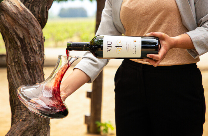 A person pouring an excellent Viu Manent wine into a crystal decanter.