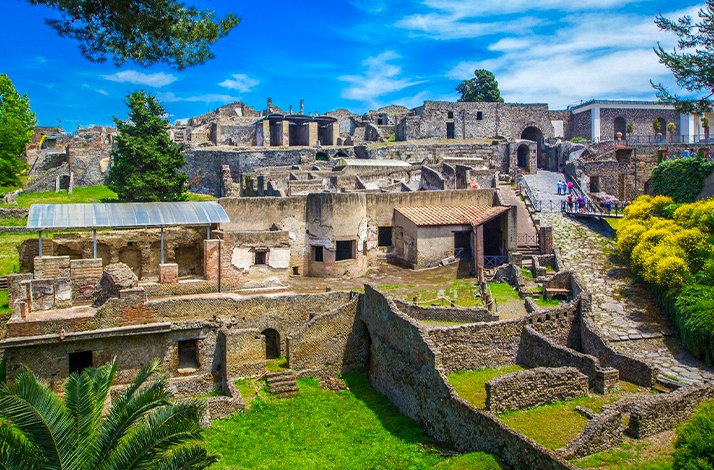  A summer view of the ancient city of Pompeii, Italy, under a bright and sunny sky.