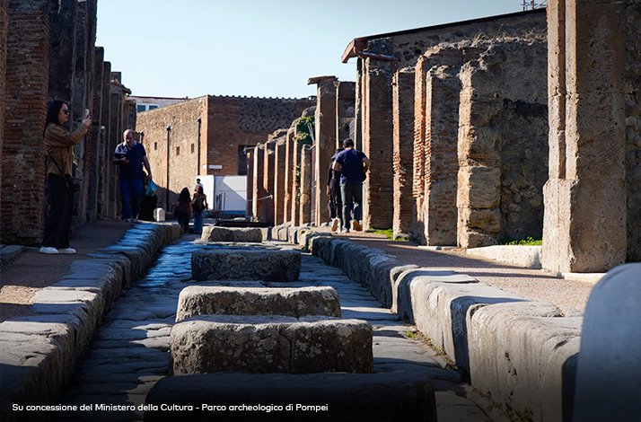 Cobblestone street in Pompeii, Italy, with raised stone blocks and tourists walking between ancient brick and stone ruins.