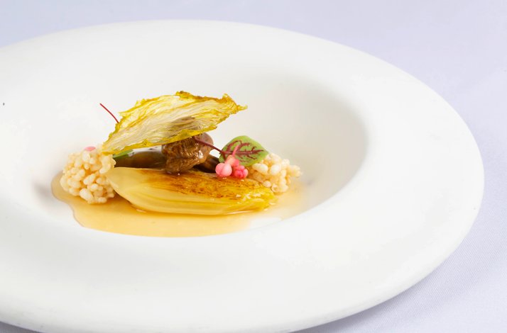 A close up of a special dish with beef, with yellow garnish and decorated with a leaf.